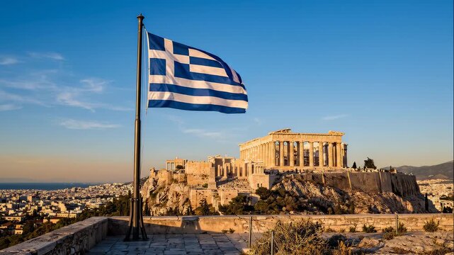 A Greek flag flies proudly on a flagpole overlooking the ancient Parthenon temple atop the Acropolis in Athens.

