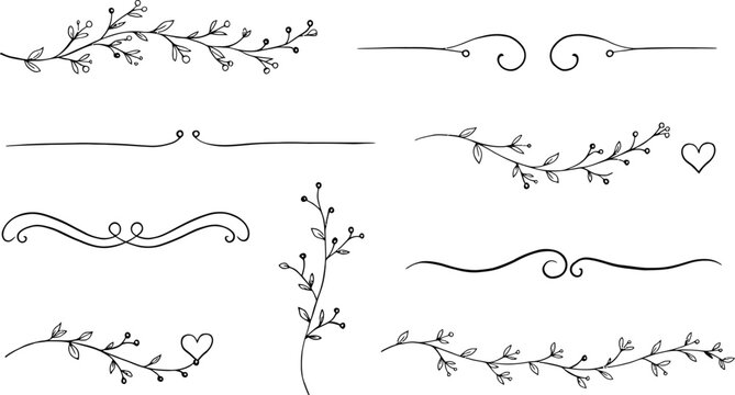 A collection of delicate hand-drawn floral and scroll decorative elements, perfect for adding a touch of elegance and whimsy to designs.
