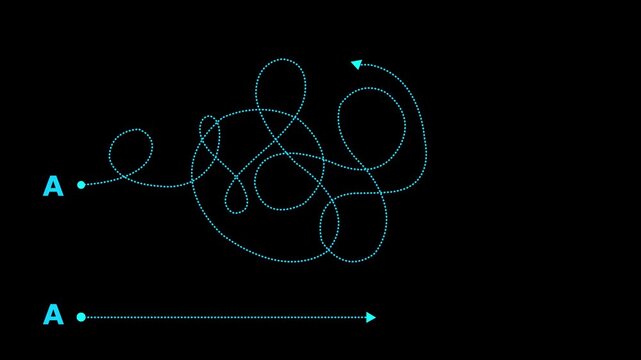 Complex and easy way from point A to B. hand drawn doodle scribble chaos path lines. kids tracing paths. Motion graphics of concept. Animation of 4k video.