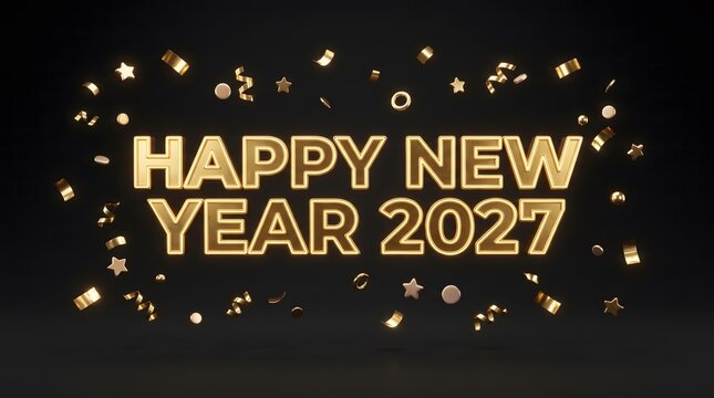 Elegant gold lettering for happy new year 2027 celebration greeting card design on a dark black background