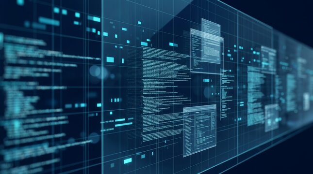 Abstract digital interface with floating code blocks in dark blue tones.