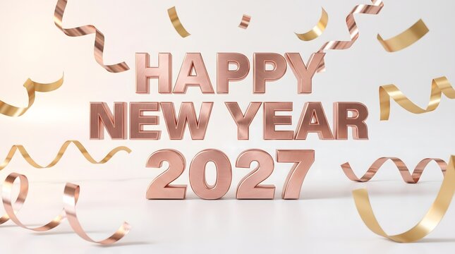 Elegant gold lettering for a happy new year 2027 celebration with festive ribbons on a light background