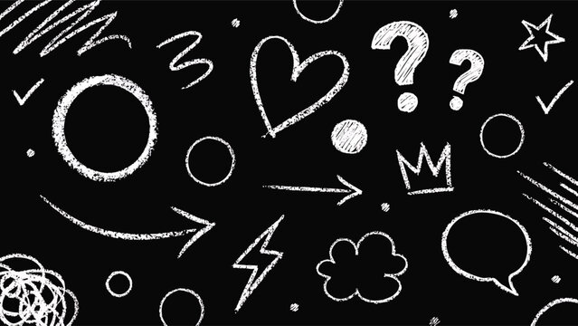 A whimsical collage of hand-drawn chalk icons and symbols adorns a dark background, featuring a heart, question marks, arrows, and a speech bubble, evoking a sense of creativity and imagination.