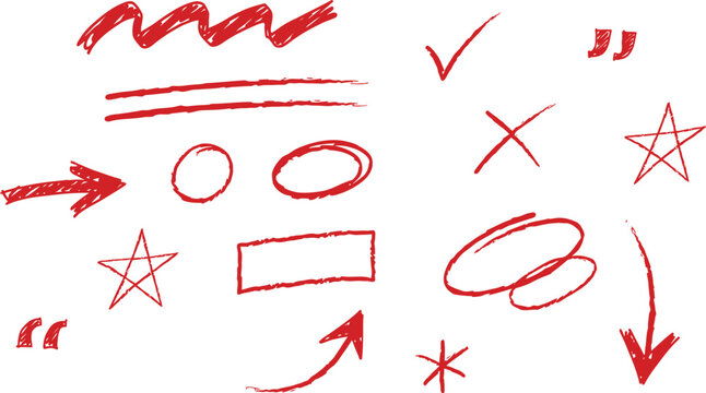 A collection of hand-drawn red graphic elements including arrows, checkmarks, crosses, stars, circles, quotation marks, and scribbles, arranged in a scattered pattern on a white background.