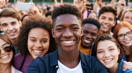 Obraz premium Young adult teenager crowd friendship smile selfie outdoor festival happy diversity cheerful young adult teenager crowd friendship smile selfie outdoor festival happy diversity group portrait