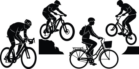 Naklejka premium Black silhouettes of four cyclists, including a road biker, mountain biker, commuter with a basket, and a bmx rider performing a jump