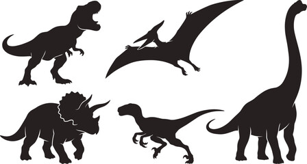 Set of black dinosaur silhouettes including a tyrannosaurus rex, pterodactyl, triceratops, velociraptor, and brachiosaurus on a white background © Nirmol