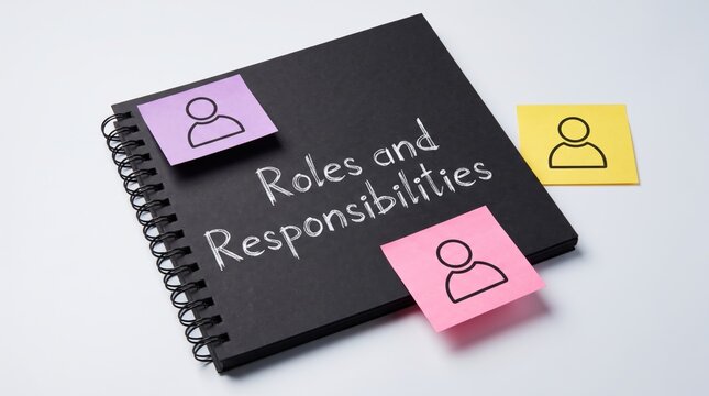 Defining organizational roles and responsibilities outlined in a notebook with sticky notes, symbolizing task delegation and team structure for business clarity and effective management