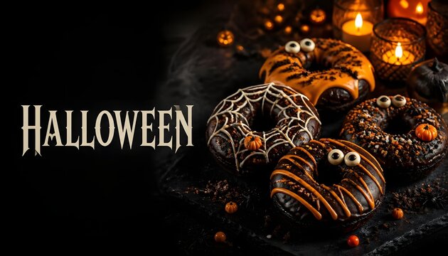 Halloween decorated donuts with spooky icing and candle light background