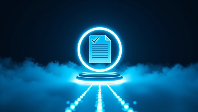 Digital document verification concept featuring a glowing icon on a podium with data streaming