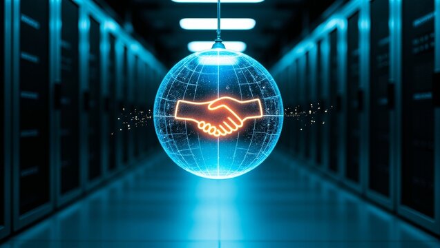 Global network handshake connecting in futuristic data center, representing digital partnership and cloud technology agreement
