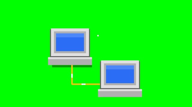 3D animation of two computers connected by a cable with a pulsing Wi-Fi icon on a green screen. Simulates network connections and digital data transfer