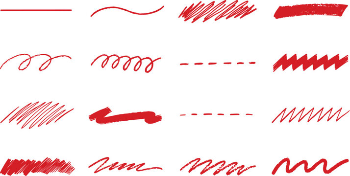 Collection of various red hand-drawn line graphic elements, including straight lines, wavy lines, scribbles, dashes, and zigzags, on a white background.