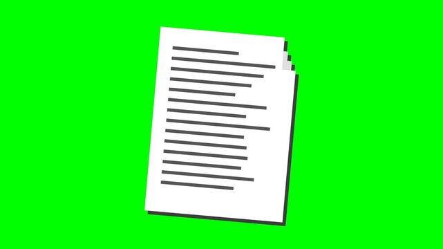 Animation of stacked white documents on a green screen. Grey text lines appear sequentially, simulating typing data for business and contract concepts