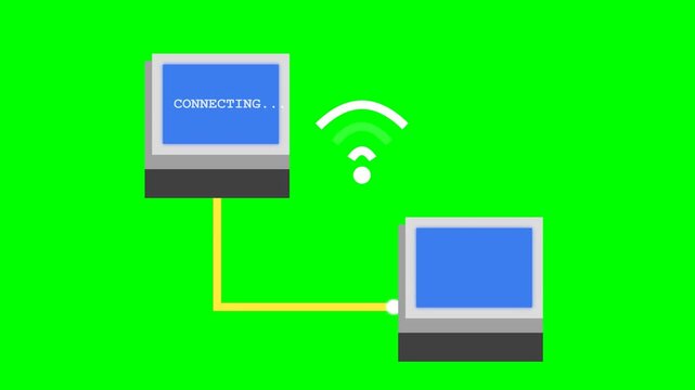 Animation of computers transferring data via cable and Wi-Fi on a green screen. A screen displays "LOADING..." then "CONNECTING.." for network concepts