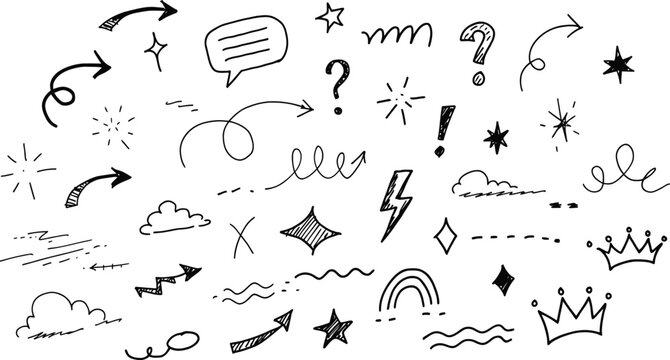 A collection of hand-drawn doodle elements including arrows, stars, question marks, clouds, lightning bolts, crowns, and rainbows, perfect for adding a creative touch to designs.