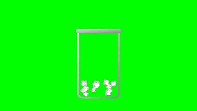 3D animation of a white outline trash bin on a green screen. Crumpled paper balls fall into it, simulating digital file deletion or wiping data