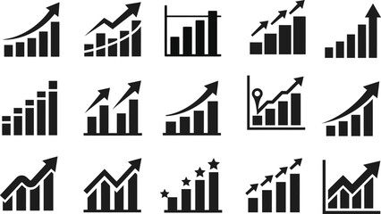Obraz premium Set of black business growth bar chart icons with upward arrows representing financial success and market progress