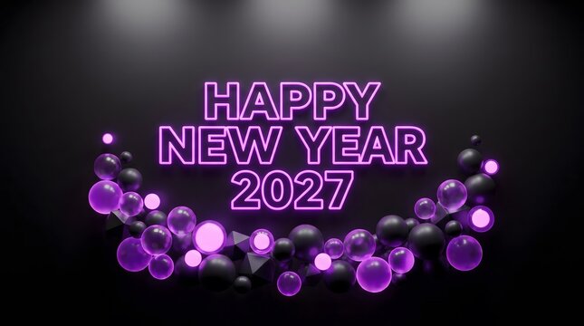 Elegant neon purple text design celebrating happy new year 2027 with glowing bokeh lights on dark background