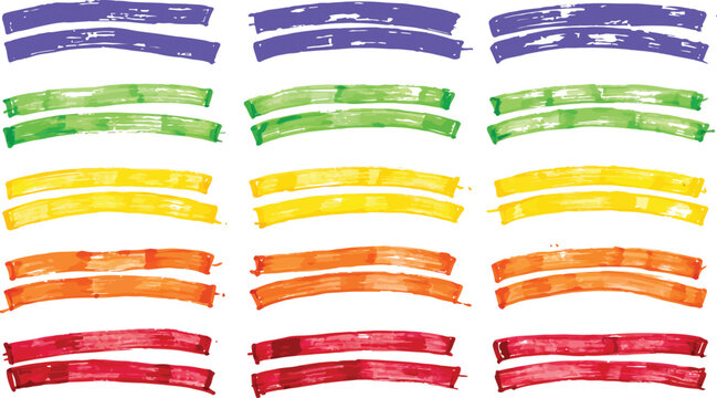 A vibrant collection of hand-painted brush stroke banners in a spectrum of rainbow colors, perfect for adding a dynamic and artistic flair to any design project.