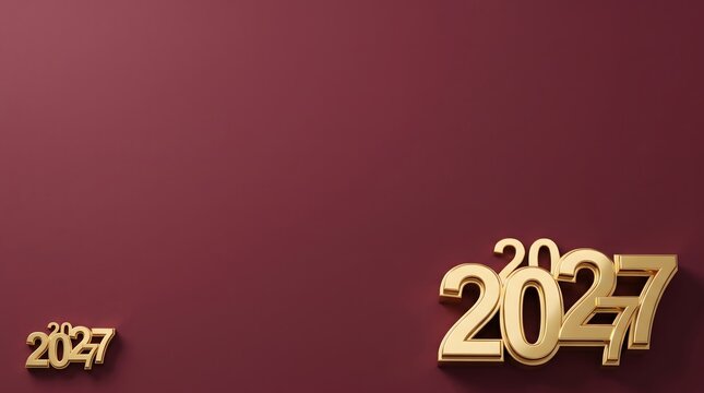 Elegant gold numbers representing happy new year 2027 on a deep dark red background for festive celebration