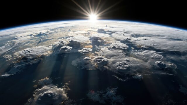 Bright sun rising over Earth's horizon with dramatic clouds in space. Ideal for global environmental and space exploration themes.