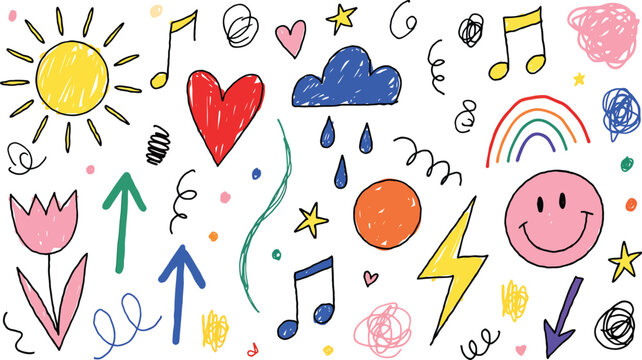 A vibrant and whimsical collection of hand-drawn doodles fills the frame, featuring playful icons like a smiling sun, a cheerful rainbow, musical notes, and a blooming tulip, all set against a clean.