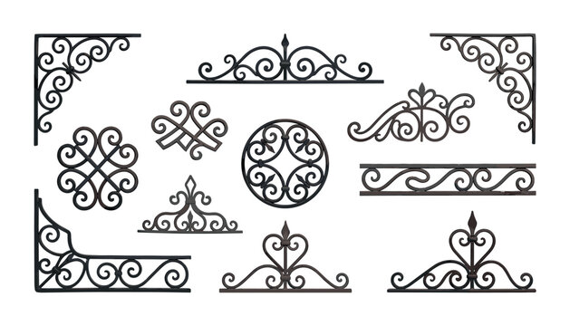 Black metal swirls architectural design elements with antique ironwork filigree corners frames and decorative border patterns