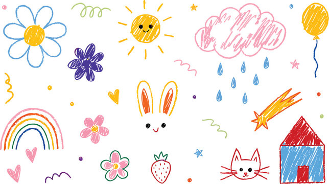 A whimsical collection of colorful crayon drawings depicting children's favorite things, including a sun, clouds, rainbow, flowers, animals, and a house, creating a playful and imaginative scene.