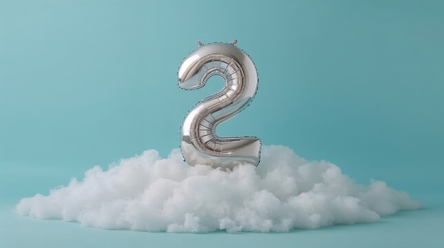 Silver metallic number two balloon resting on fluffy white clouds. Minimal surreal studio composition for anniversary or second birthday
