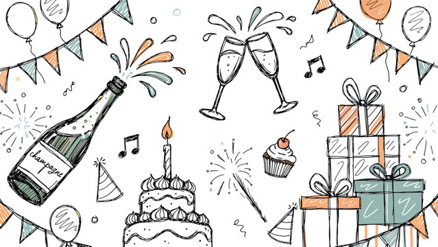 A vibrant celebration unfolds with a champagne bottle popping, clinking glasses, a birthday cake with a candle, festive balloons, gift boxes, and playful bunting, all rendered in a cheerful.