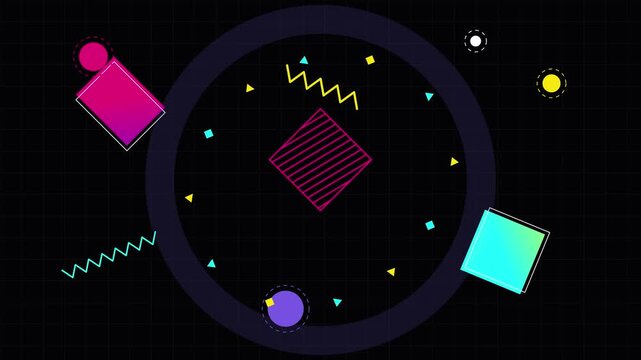 Abstract Neon Geometric Shapes and Elements with Synthwave Aesthetic on Dark Grid Background