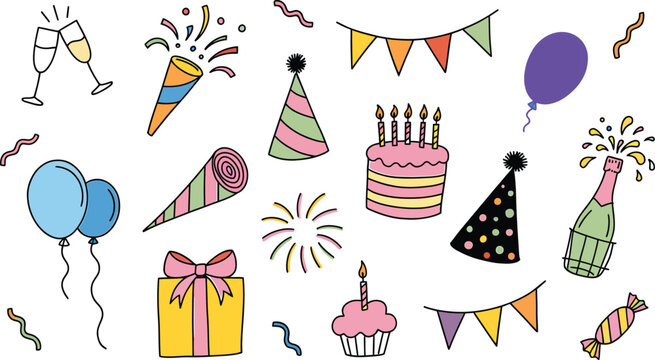 A vibrant collection of birthday party elements, including a cake, balloons, party hats, poppers, and a gift, rendered in a charming hand-drawn illustration style.