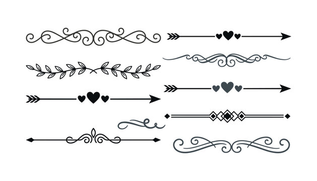 Calligraphic text dividers and page ornament vectors collection with wedding swirls laurel branches and arrows graphic elements