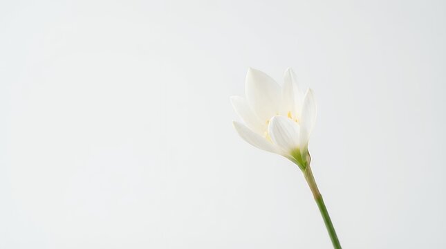A delicate and beautiful image of an opening bud of a white Lily specifically Zephyranthes candida isolated on a clean white background. The pure white petals and emerging form symbolize purity grace