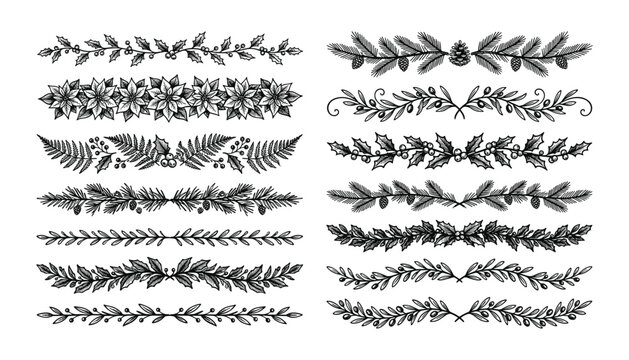 Christmas botanical border elements vector illustration set featuring holiday winter foliage pine branches and poinsettia dividers
