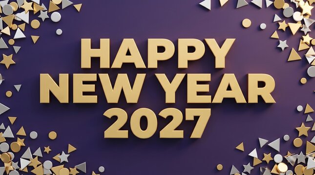 Elegant gold text design wishing happy new year 2027 with festive confetti on a dark purple background
