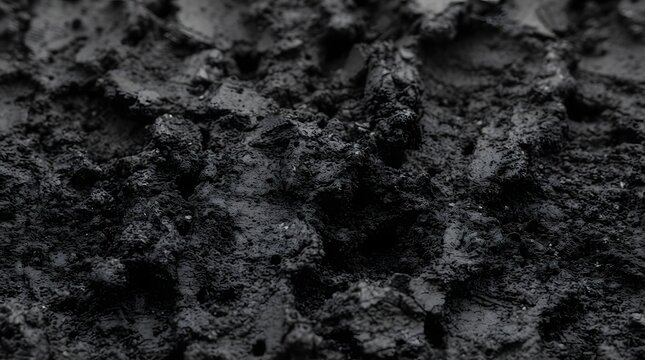 Extreme close up of wet dark mud and thick clay ground after heavy rainfall showing organic soil patterns and messy earth textures for agriculture.