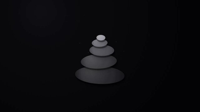 Minimalist Abstract 3D Render of a Stacked Grey Disc Pyramid Structure on a Solid Black Background