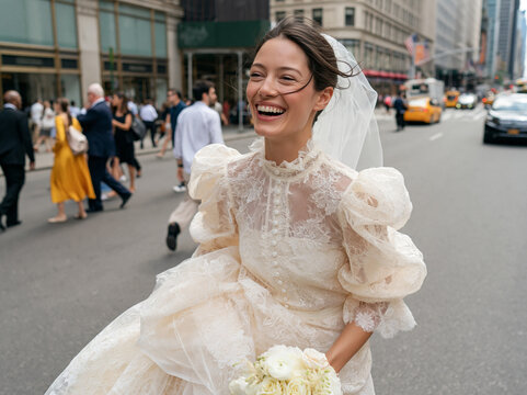 Laughing happy bride in vintage lace wedding dress running across city street in New York