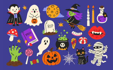 Fototapeta premium Cute vector illustration of Halloween elements collection -vampire, witch, ghosts, mummy, pumpkin, black cat, cauldron, tombstone, full moon, and candies. Spooky clip art stickers for autumn holiday.