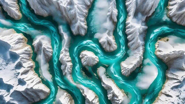 Aerial view of turquoise glacial rivers carving through white rocky terrain