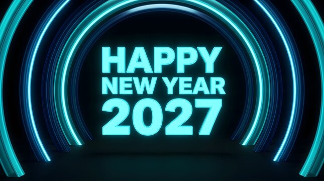 A vibrant digital background featuring glowing neon blue circular lines for a festive happy new year 2027 celebration