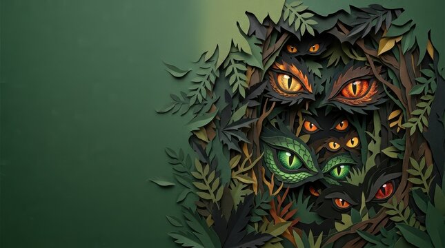 3D paper cut Halloween creature eyes forest background illustration