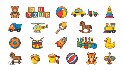 Obraz premium Collection of colorful children toys teddy bear train blocks and baby elements isolated on white background