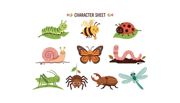 Collection of cute cartoon insects bugs and garden mini beasts characters isolated on white background