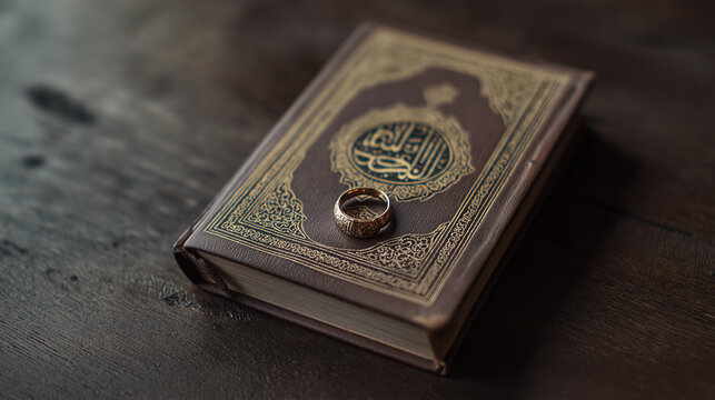 signet. Ancient leather-bound Quran with a golden signet ring on dark wood. event programs, museum guides, designed for cultural heritage projects and event programs, elevates cultural identity.