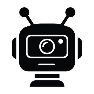 Photographic representation of a black robot head icon with camera lens eye and antennas representing artificial intelligence and digital technology