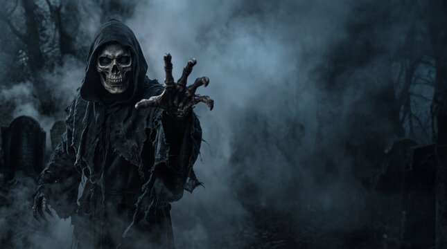 Grim reaper reaching towards the camera over dark background with copy space