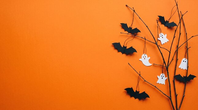 Happy halloween holiday concept. Halloween decorations, bats, ghosts on orange background. Halloween party greeting card mockup with copy space. Flat lay, top view, overhead.